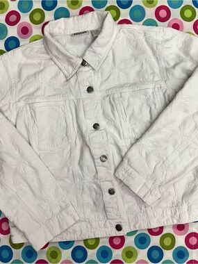 Vintage Chico’s Design White Floral Jacquard Denim Jacket | Women’s Size 1